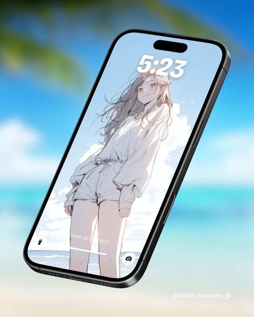 【壁紙】海に来た女の子イラスト06