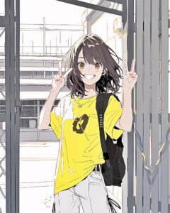 イエローTシャツ女子０