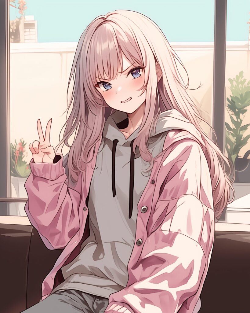 表情豊かなピンクパーカー女子０