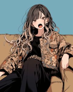ベージュ和柄ファッション女子０