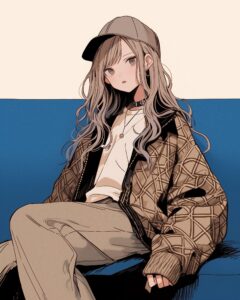 ベージュ和柄ファッション女子０