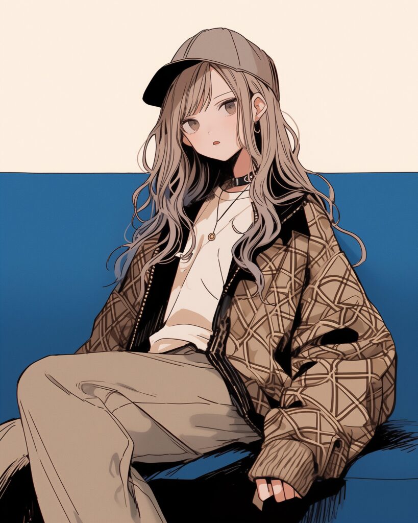 ベージュ和柄ファッション女子０