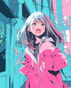 表情豊かなピンクパーカー女子１