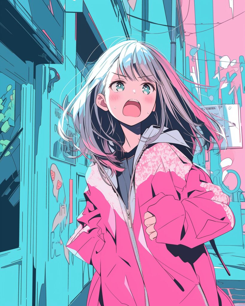表情豊かなピンクパーカー女子１