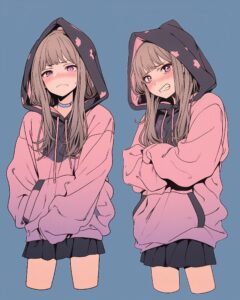 表情豊かなピンクパーカー女子０