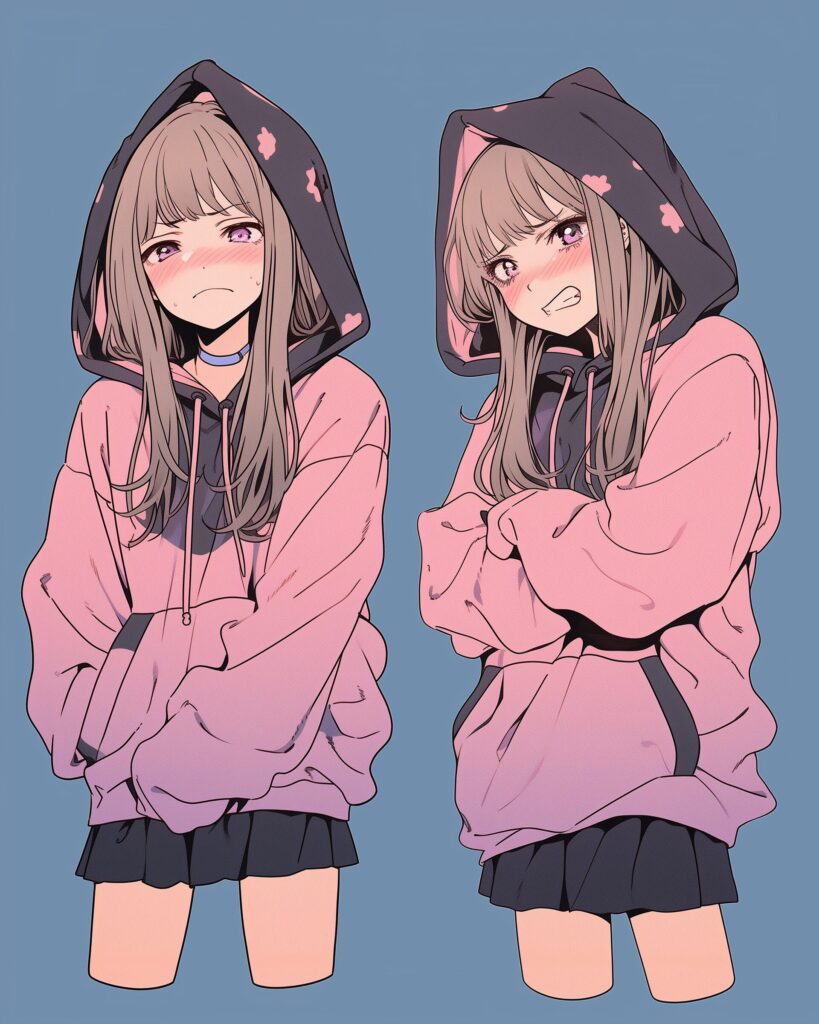 表情豊かなピンクパーカー女子０