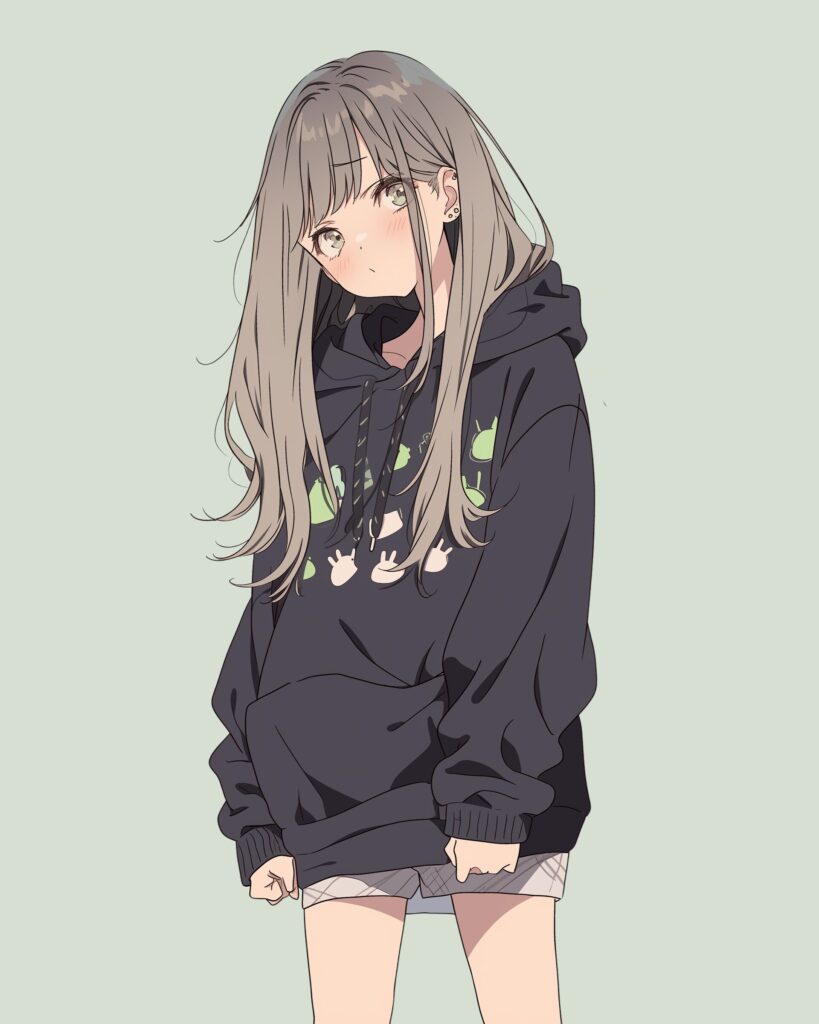 緑黒パーカー女子０
