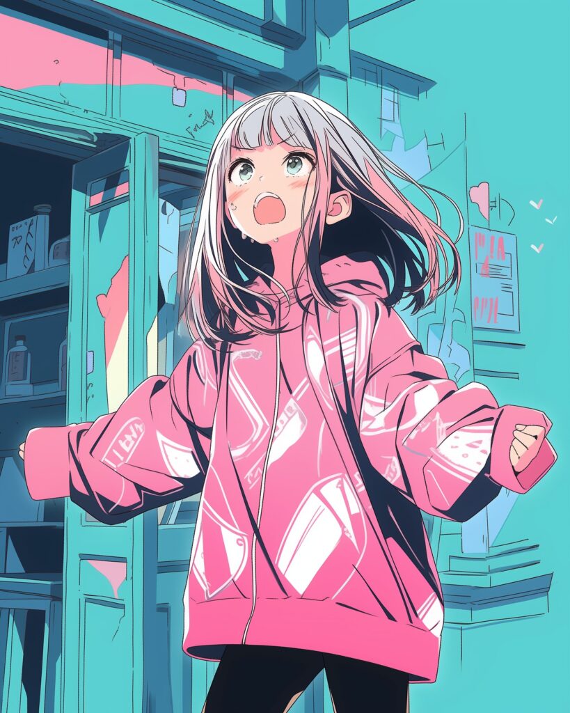 表情豊かなピンクパーカー女子１