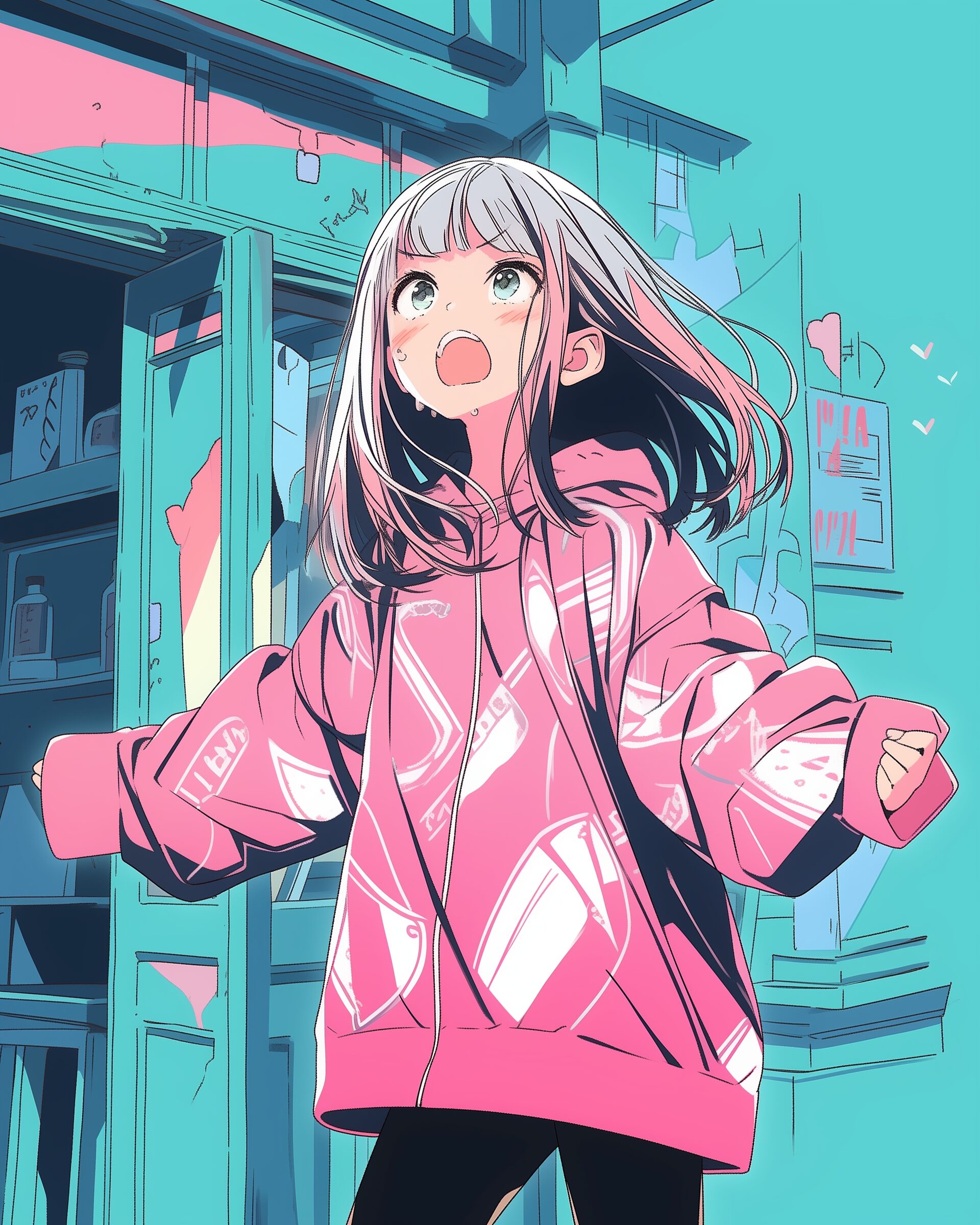 表情豊かなピンクパーカー女子1
