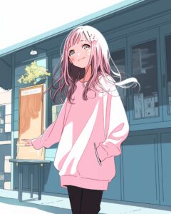 表情豊かなピンクパーカー女子１