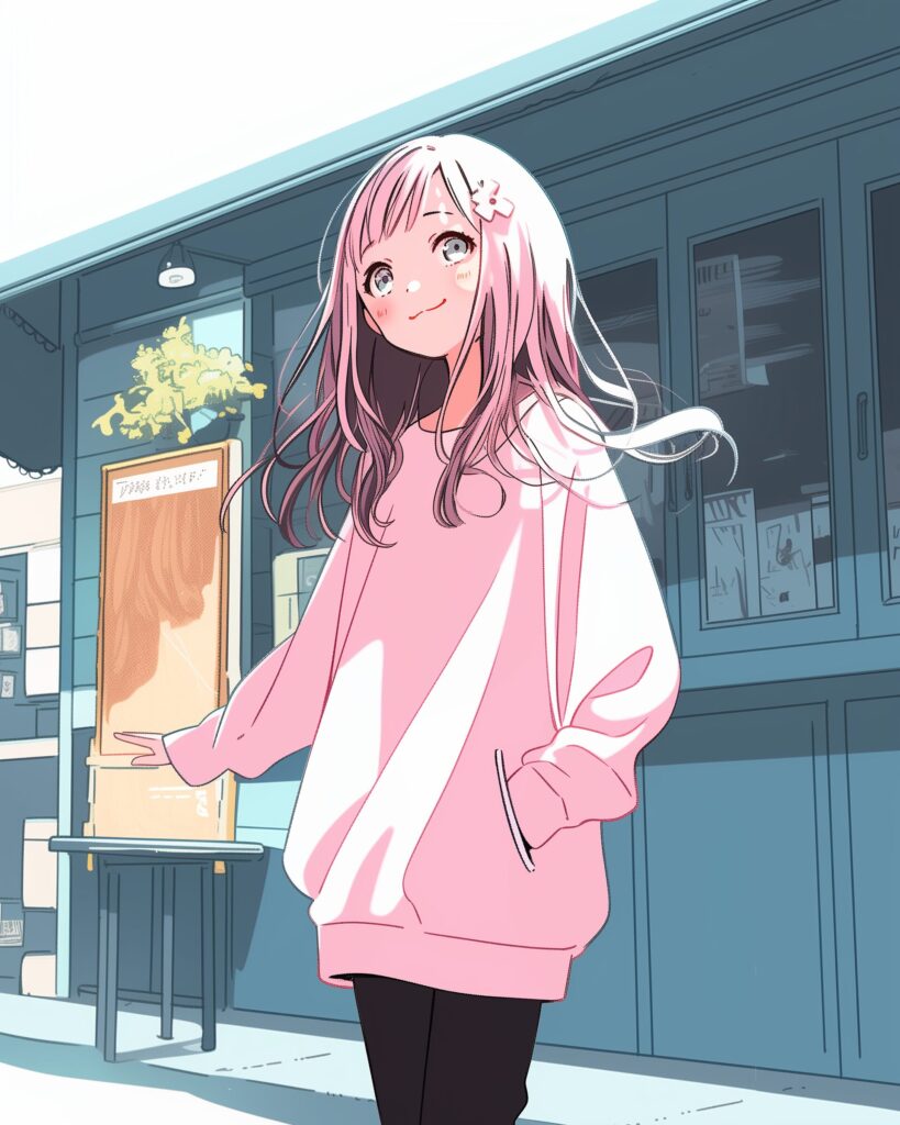 表情豊かなピンクパーカー女子１