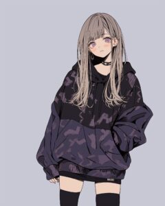 紫黒パーカー女子０
