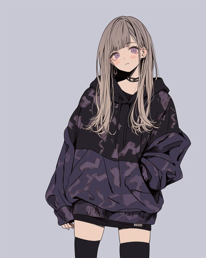 紫黒パーカー女子０