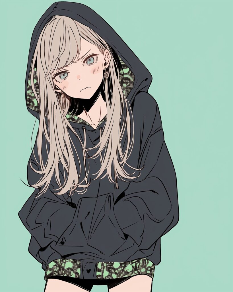 緑黒パーカー女子１