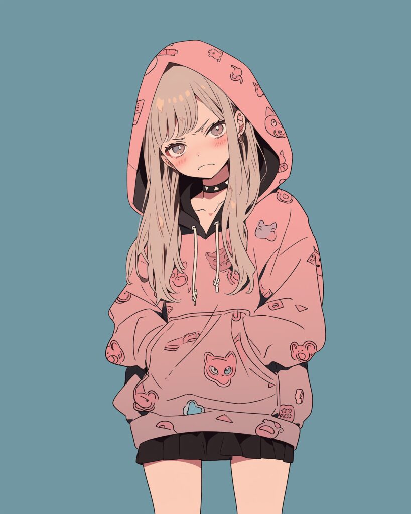 表情豊かなピンクパーカー女子１