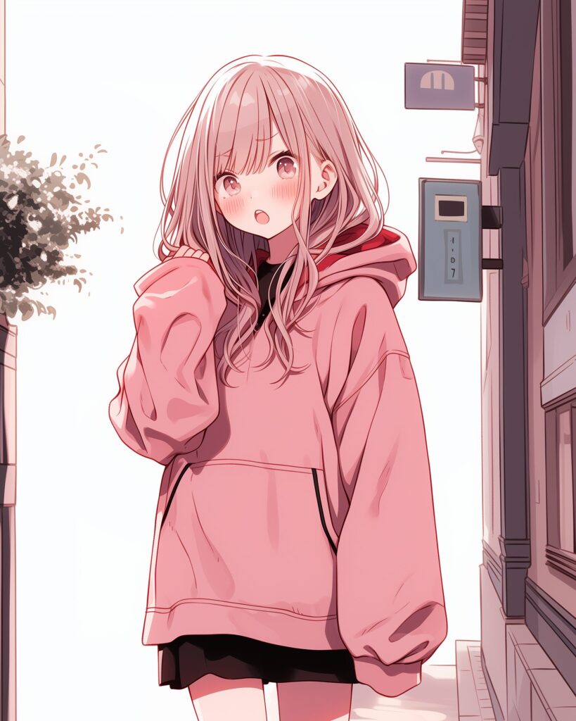 表情豊かなピンクパーカー女子１