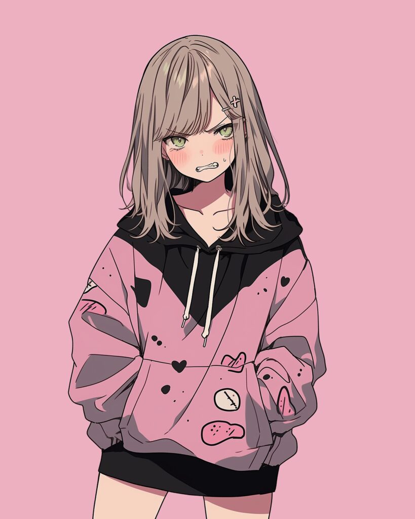 表情豊かなピンクパーカー女子０
