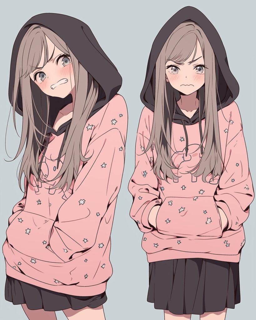 表情豊かなピンクパーカー女子０