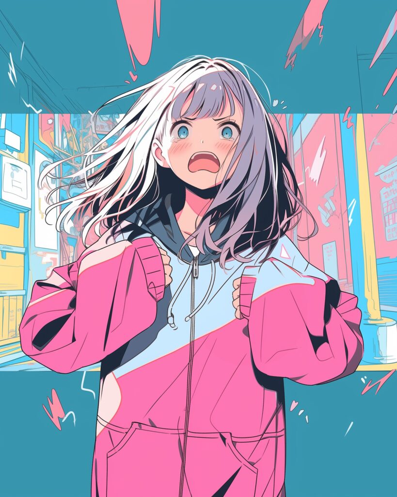 表情豊かなピンクパーカー女子１