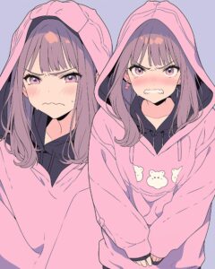 表情豊かなピンクパーカー女子０