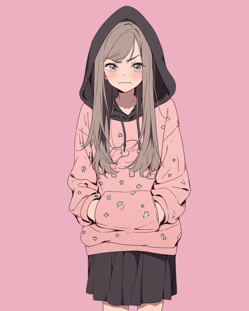 表情豊かなピンクパーカー女子０