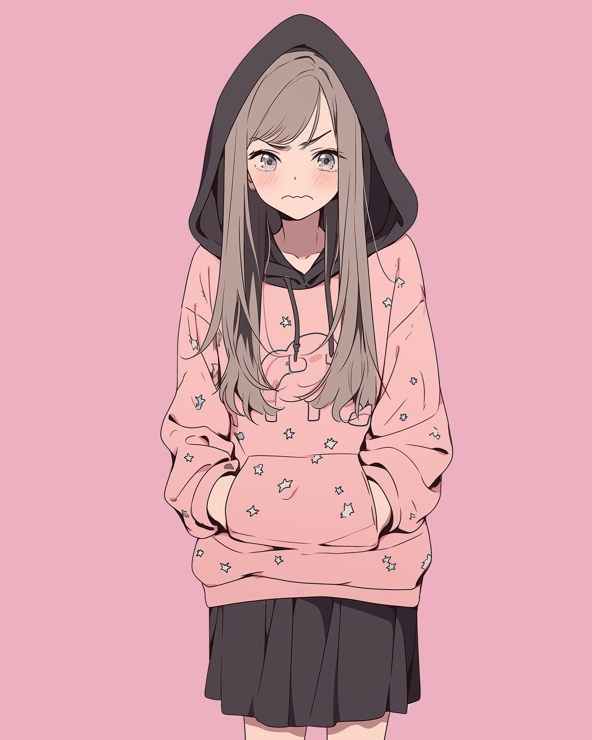 表情豊かなピンクパーカー女子0