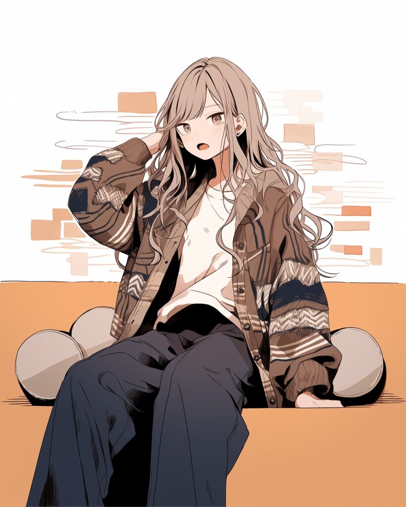 ベージュ和柄ファッション女子０