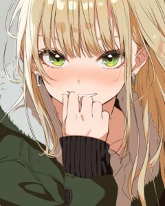 冬ファッションの金髪女子０
