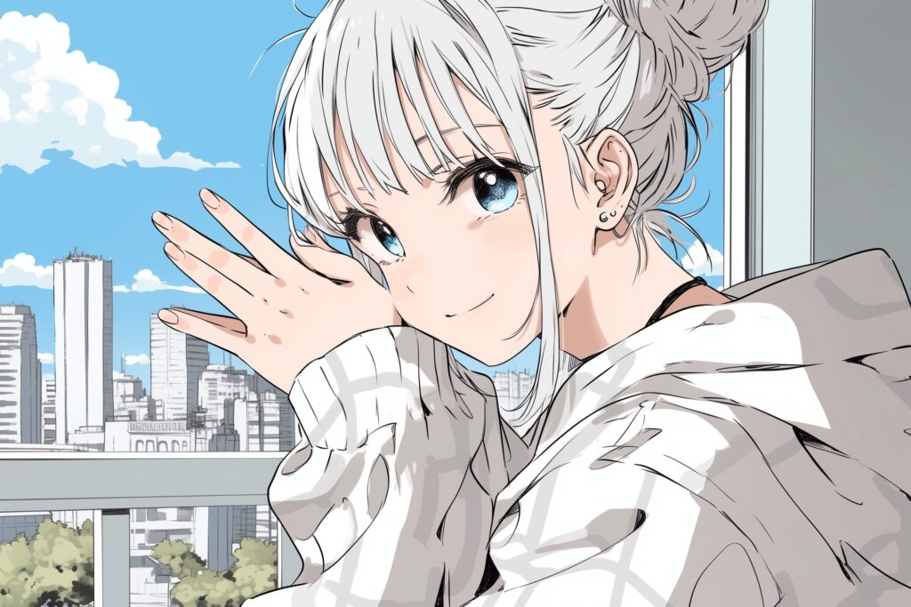 【横長】銀髪お団子ヘア０