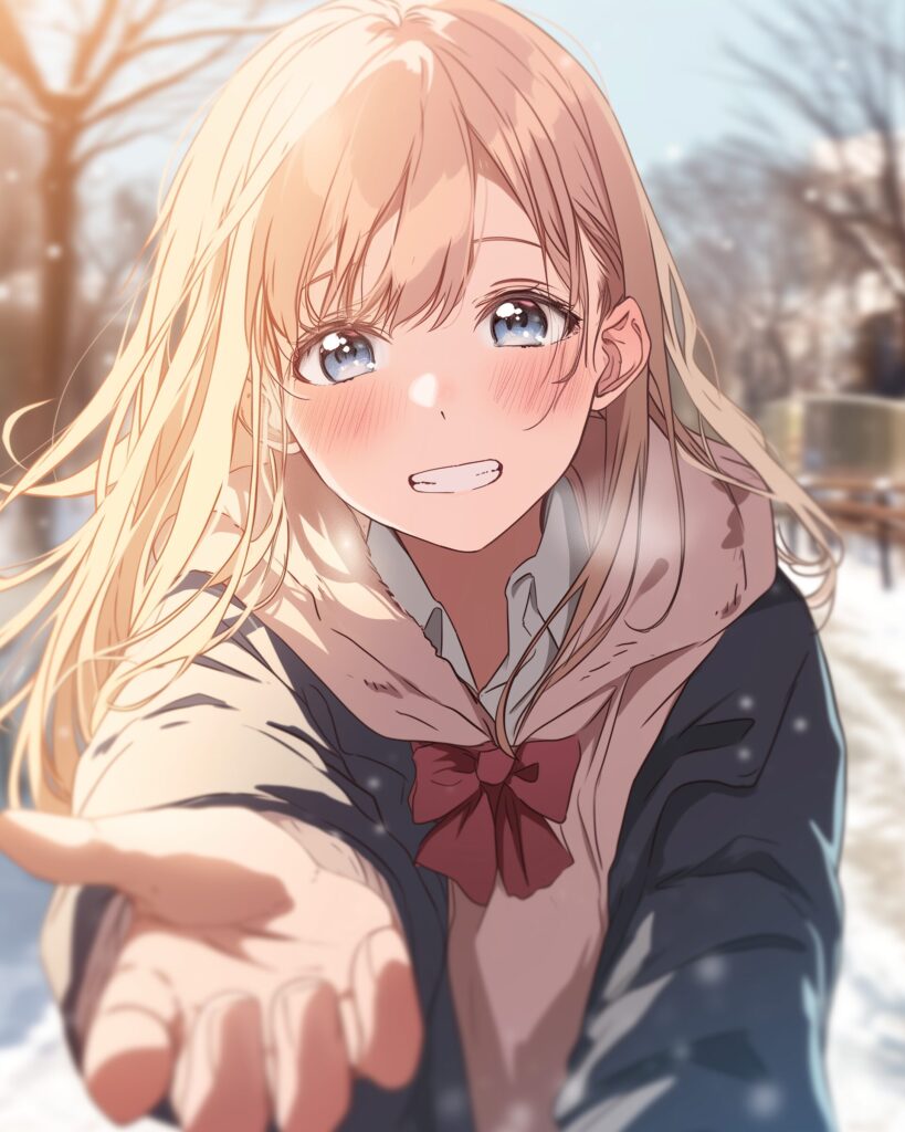 冬ファッションの金髪女子０