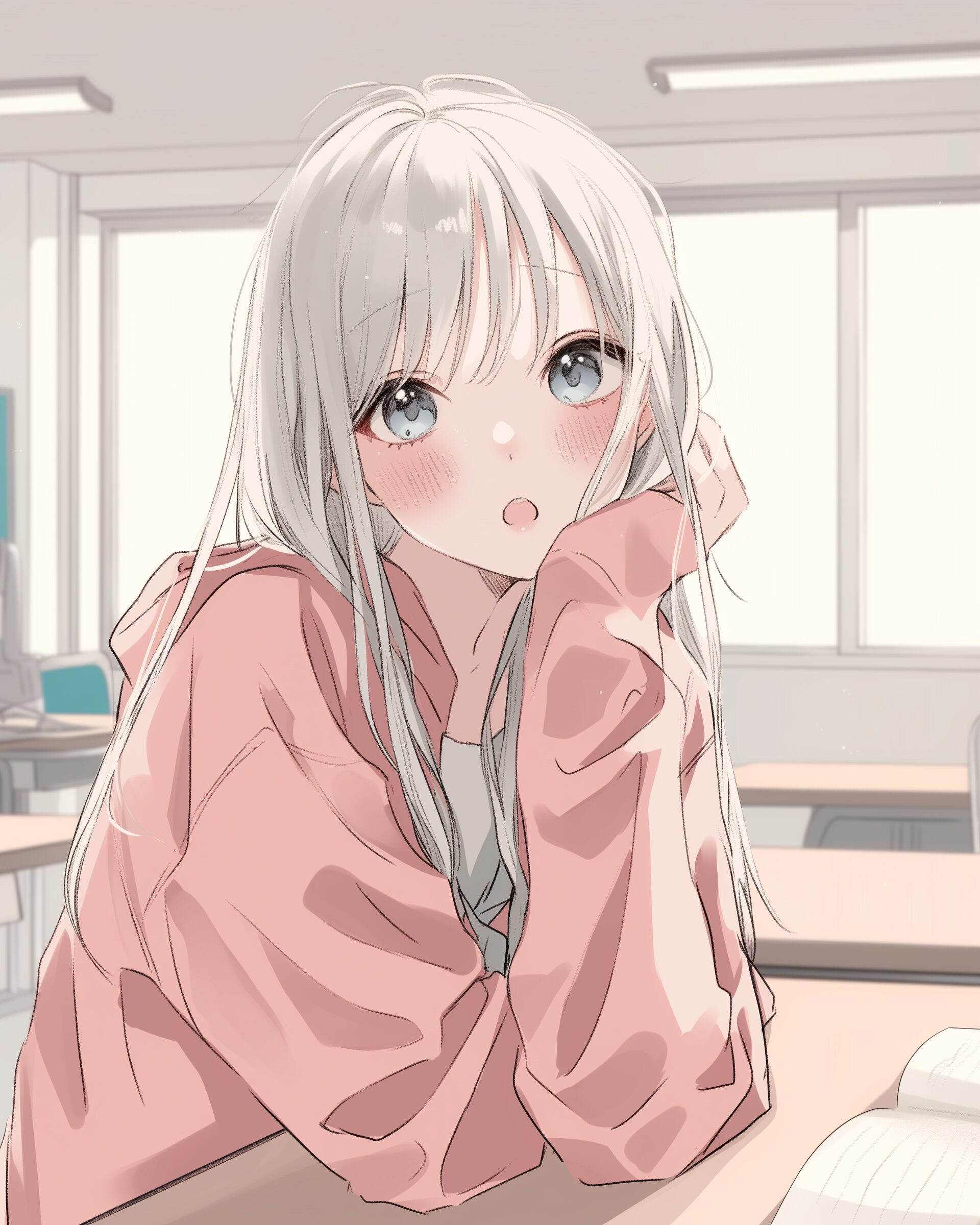 ピンクパーカー驚き女子０