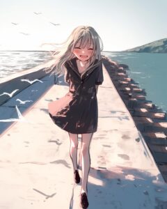 海辺を散歩する女子０