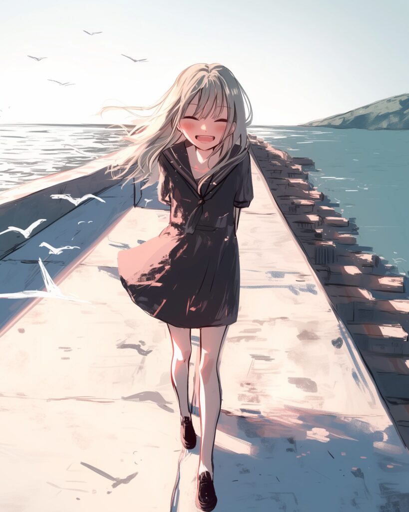 海辺を散歩する女子０