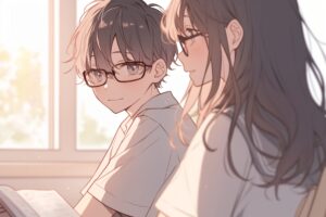 眼鏡をかけた図書館男女・カップル０