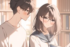 眼鏡をかけた図書館男女・カップル０