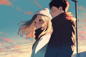 夕日を眺めるカップル０