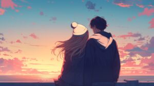 夕日とカップル０