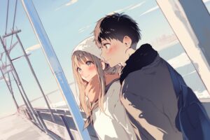 夕日を眺めるカップル０