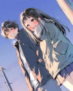 夕日を眺めるカップル０