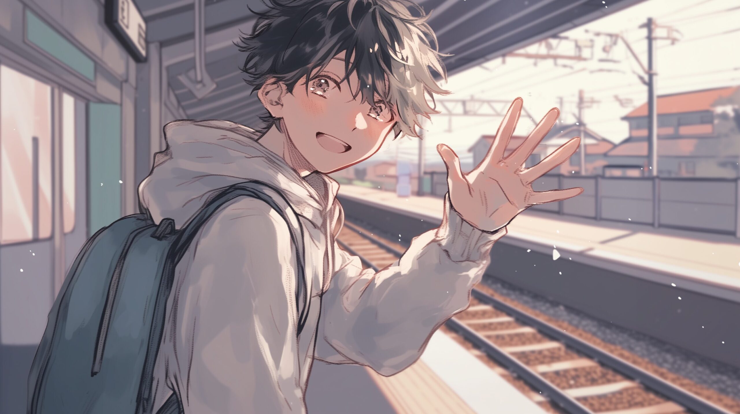 駅で手を振る男子0