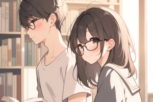 眼鏡をかけた図書館男女・カップル０