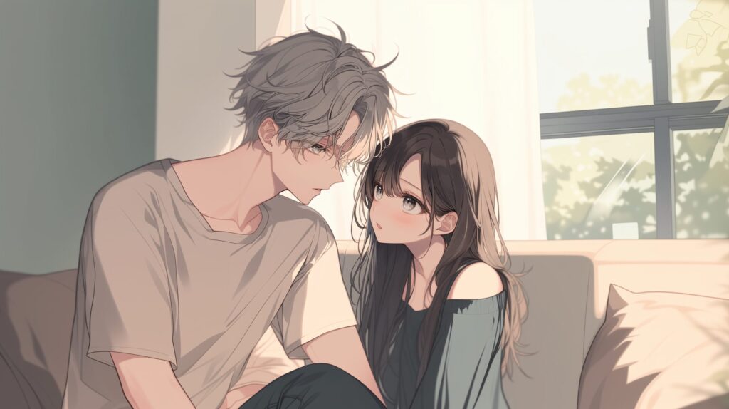 部屋で寄り添うカップル０