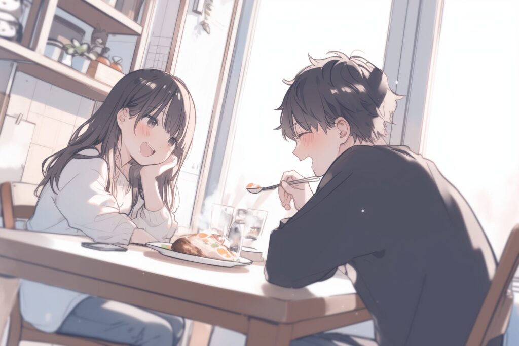 食事するカップル０