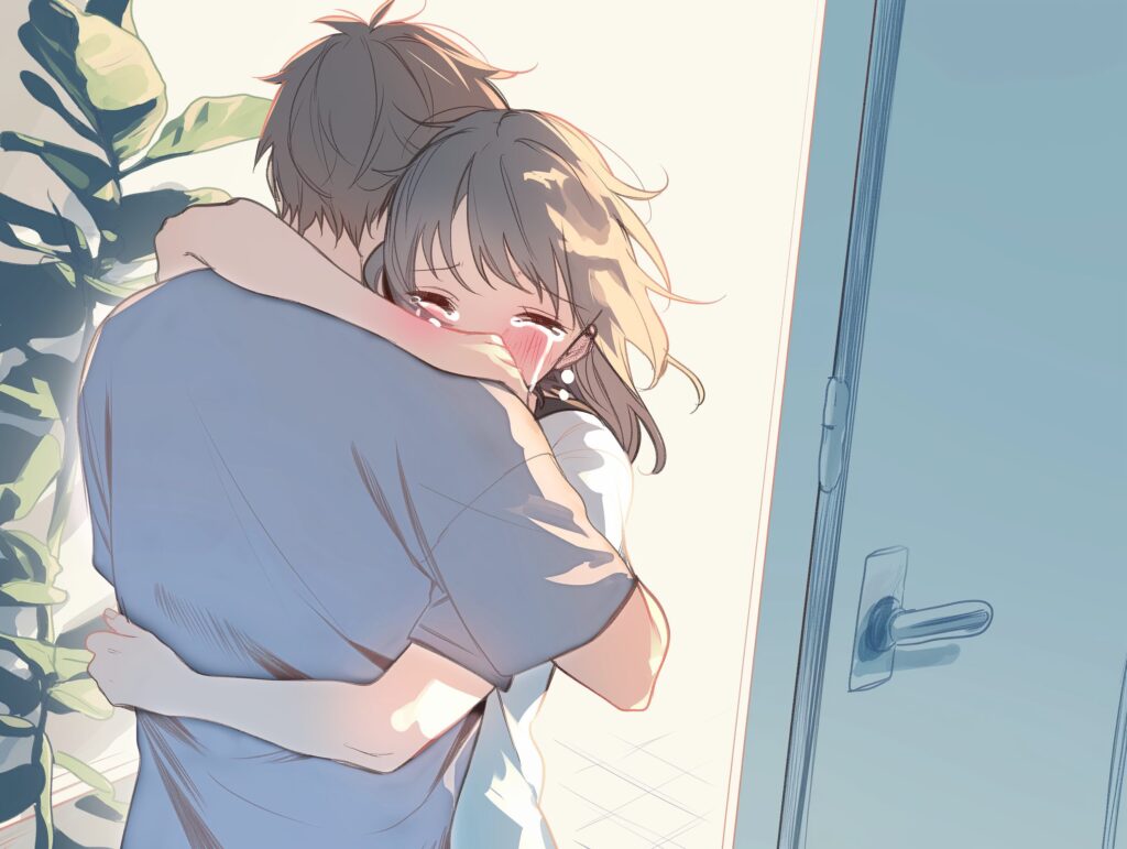 泣きながら抱き合うカップル０