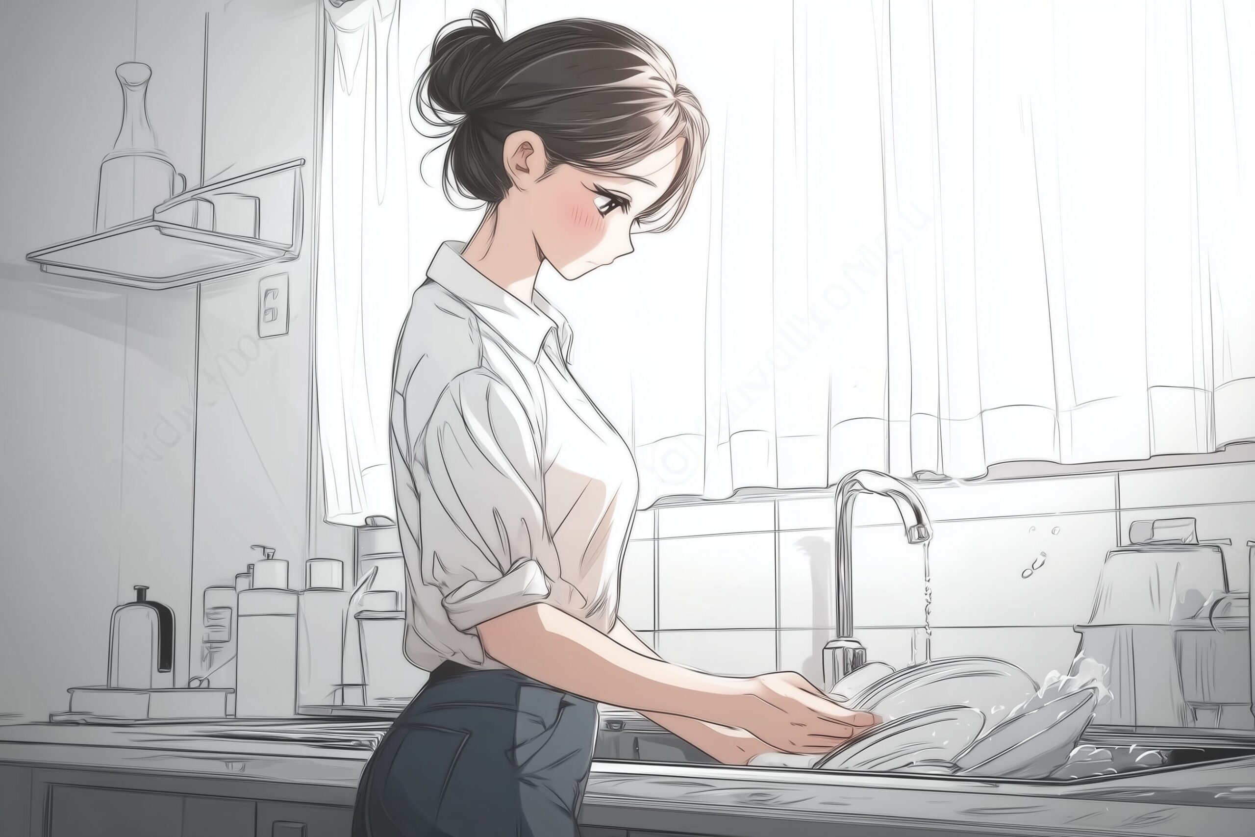 皿洗いする女性０