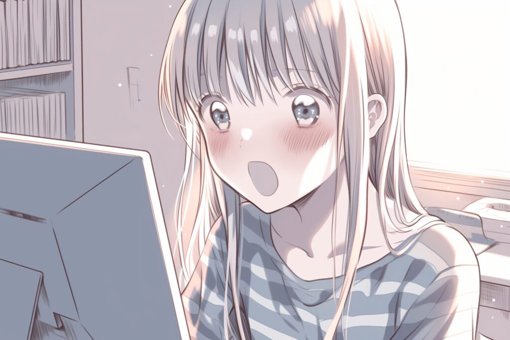 パソコン画面を見て驚く女性