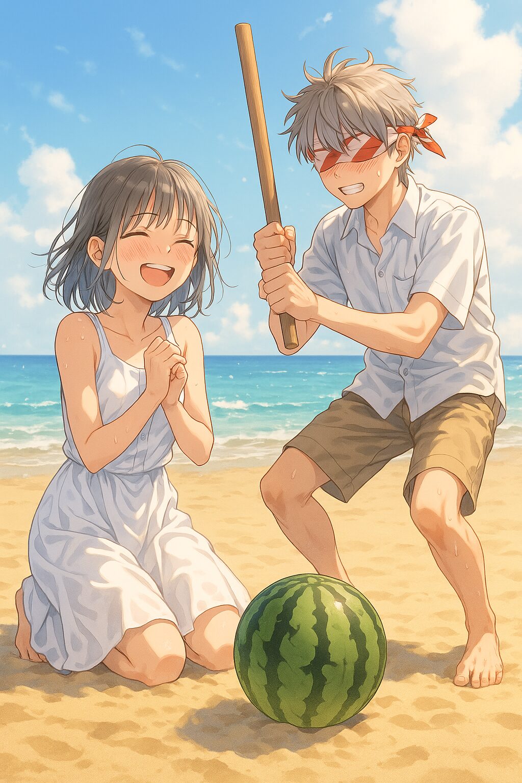 スイカ割りするカップル0