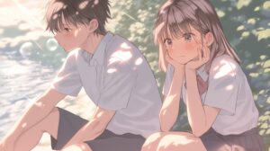 川で遊ぶカップル０