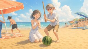 スイカ割りするカップル０
