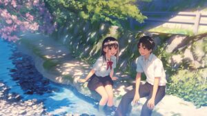 川で遊ぶカップル０
